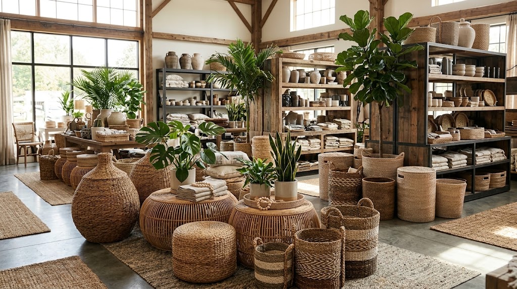 Warmly lit showroom display featuring woven decor and natural materials